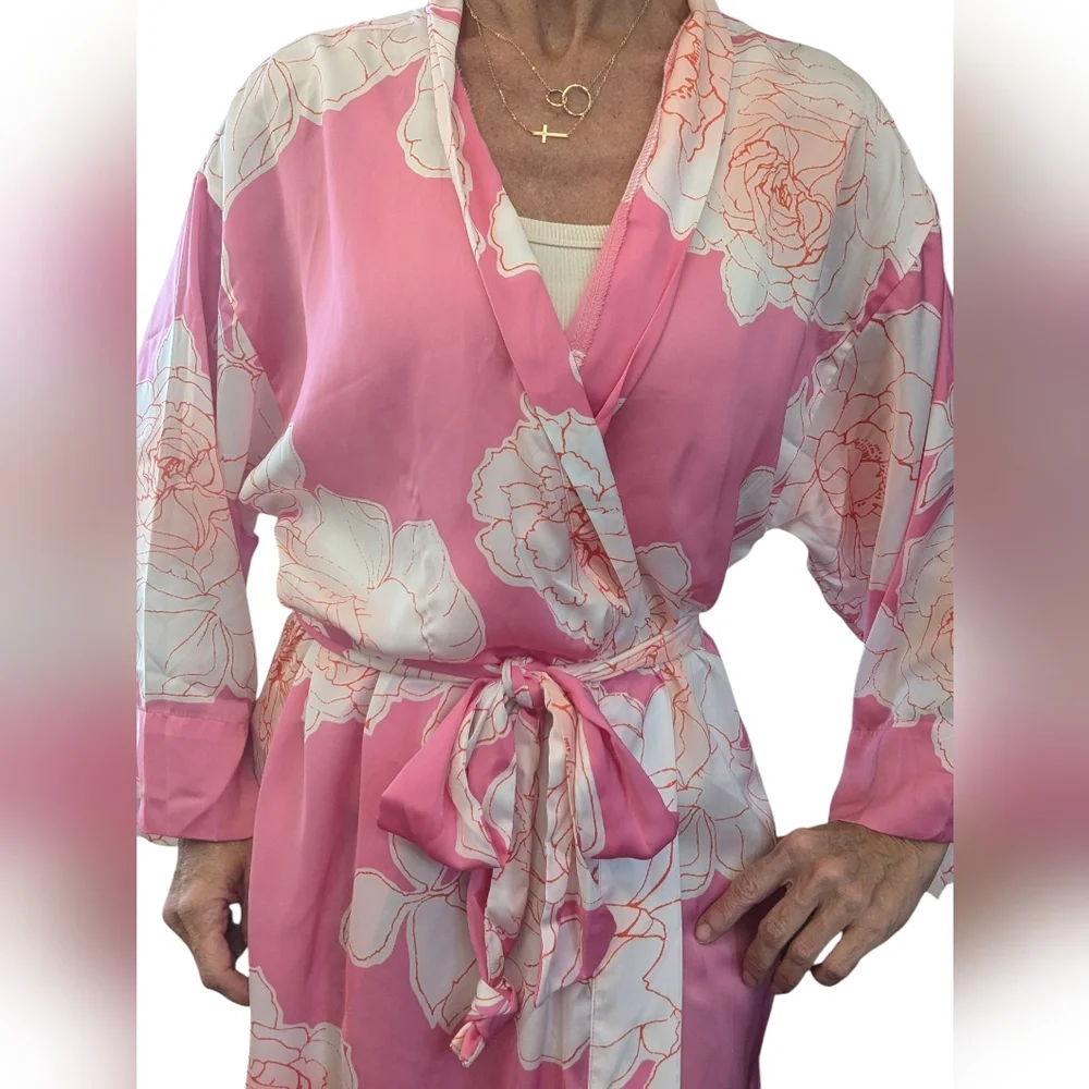 NATORI Nara Women’s Floral Belted Kimono Robe Pink White Peony Size M - Picture 8 of 15